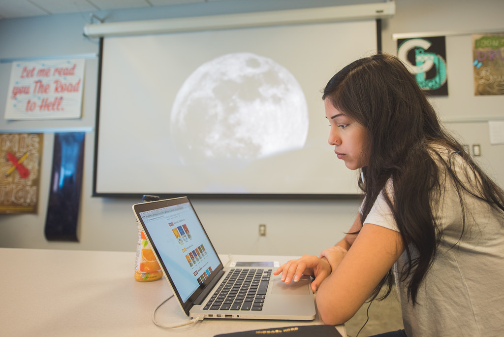 Smantha Casanova works on her design project in the Bay Hall Graphic Design Lab.